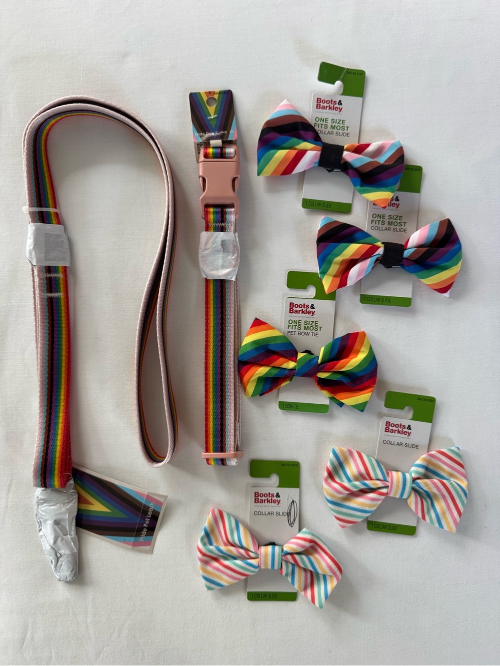 Dog Bundle: Leash, XL Collar, 5 Bows - Colorful Multicolor Rainbow Patterns
